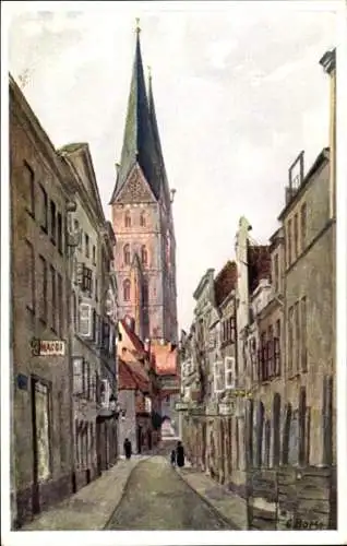 Künstler Ak Boyse, G., Hansestadt Lübeck, Fünfhausen mit Blick auf Marienkirche