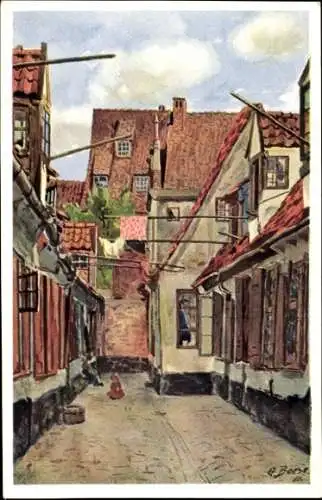 Ak Hansestadt Lübeck, Gemälde einer Gasse,  Gebäude, entspannte Atmosphäre