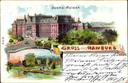 Ak Hamburg Mitte Altstadt, Justiz-Palast, Grüner Park, Fluss