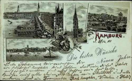 Ak Hamburg Mitte Neustadt, Ansicht von  Alster, Türme, Schiffe, Gruss, Frohes Neues Jahr