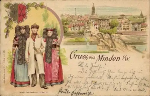 Ak Minden in Westfalen, Drei Personen in r Kleidung, Blick auf die Stadt  Brücke