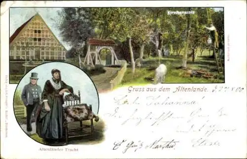 Ak Lühe Jork im Alten Land, Kirschenernte, Altländer Tracht, Gasthaus, 2. Landungsbrücke