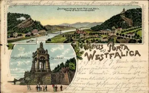 Ak Porta Westfalica an der Weser, Kaiser Wilhelm Denkmal, schöne Landschaft, Grüße aus Porta West
