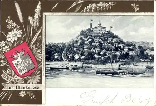Wappen Litho Hamburg Altona Blankenese, Süllberg, Dampfer Elbe