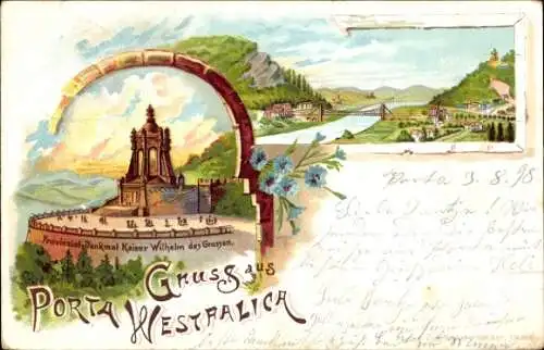 Ak Porta Westfalica an der Weser, Denkmal Kaiser Wilhelm, bunte Illustration, Brücke, Blumen