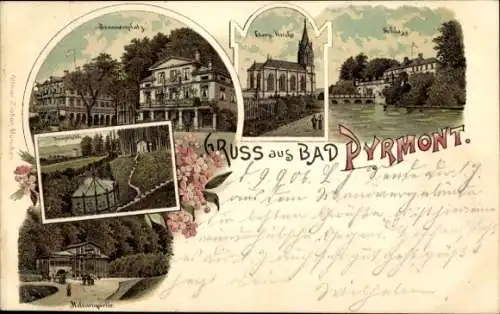 Ak Bad Pyrmont in Niedersachsen, Verschiedene Ansichten, Brunnenszene, Schloss, Blumenmuster