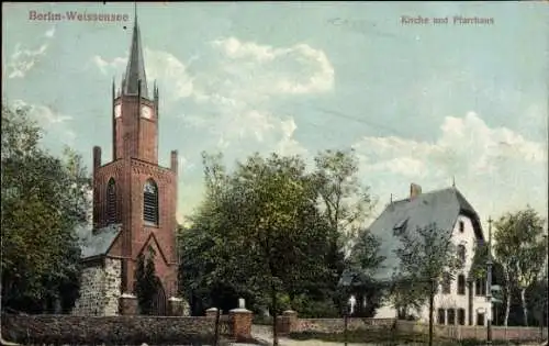 Ak Berlin Weißensee, Kirche und Pfarrhaus