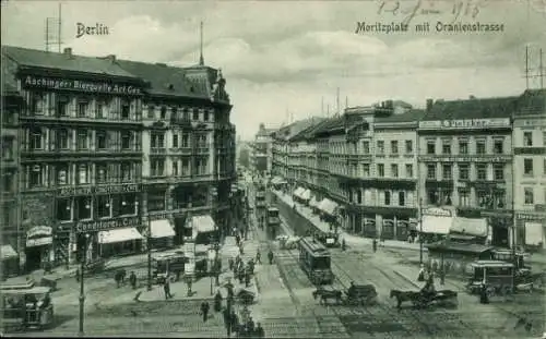 Ak Berlin Kreuzberg, Anhalter Bahnhof, Moritzplatz mit Oranienstraße,  Stadtansicht, Werbung, Str