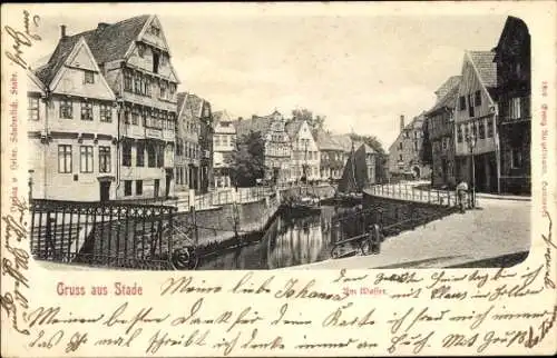 Ak Stade in Niedersachsen, Historische Gebäude, Wasserweg, Brücke,  mit Gruß