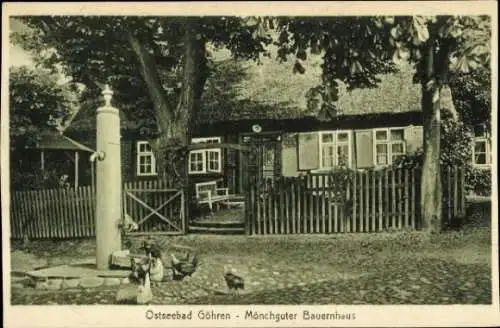Ak Ostseebad Göhren auf Rügen, Mönchguter Bauernhaus,  Architektur, ländliche Szene, Brunnen, Hüh