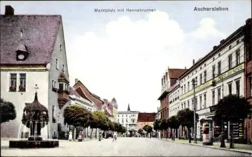 Ak Aschersleben im Salzlandkreis, Marktplatz mit Hennebrunnen