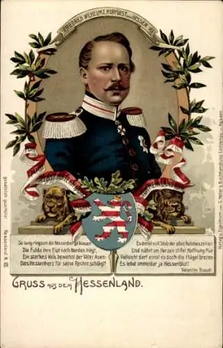 Litho Kurfürst Friedrich Wilhelm von Hessen, Portrait, Wappen