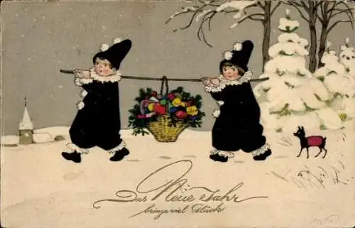 Künstler Ak Baumgarten, Fritz, Fröhliches Neujahr, Harlekine tragen Gabenkorb, Meissner & Buch 2910