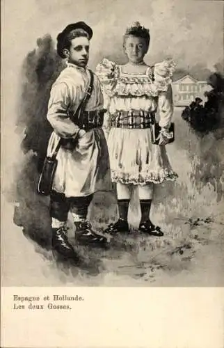 Ak Königin Wilhelmina der Niederlande, König Alfons XIII. von Spanien, Porträt in Tracht