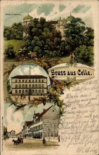 Litho Celle in Niedersachsen, Schloss im Grünen, Oberlandesgericht, Blick in die Stechbahn
