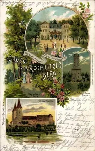 Litho Rochlitz an der Mulde, Restauration Rochlitzer Berg, Friedrich August Turm, Schloss
