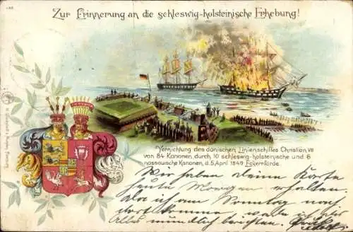 Wappen Litho Eckernförde Schleswig Holstein, Vernichtung des dänischen Linienschiffes Christian VIII