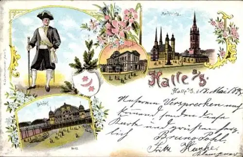 Litho Halle an der Saale, Bahnhof, Marktplatz