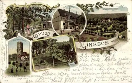 Litho Einbeck am Harz, Mühle, Storchenturm, Gasthof Teiche, Waldpromenade, Rathaus, Waldschlösschen