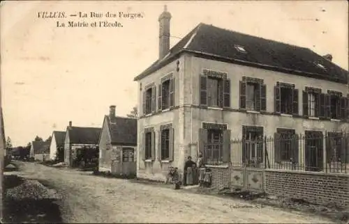 Ak Villuis Seine et Marne, La Rue des Forges, Mairie, Schule, zwei Personen