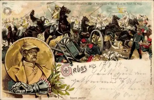 Litho Mars la Tour Lothringen Meurthe et Moselle, Todesritt 7. Kürassier Regiment, Porträt Bismarck