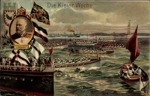 Künstler Ak Hansestadt Kiel, Kieler Woche, Großadmiral von Koester, Ruderboote