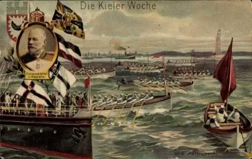 Künstler Ak Hansestadt Kiel, Kieler Woche, Großadmiral von Koester, Ruderboote