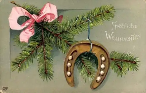 Präge Ak Glückwunsch Weihnachten, Tannenzweig, Hufeisen