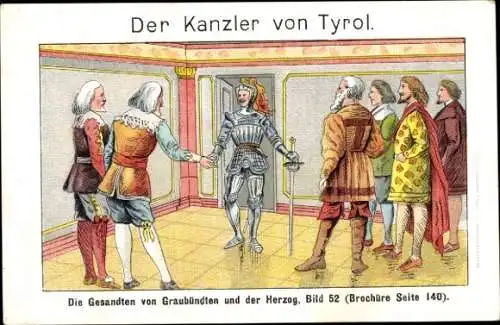 Litho Der Kanzler von Tyrol, Die Gesandten von Graubündten und der Herzog, Feigen-Caffée, Reklame