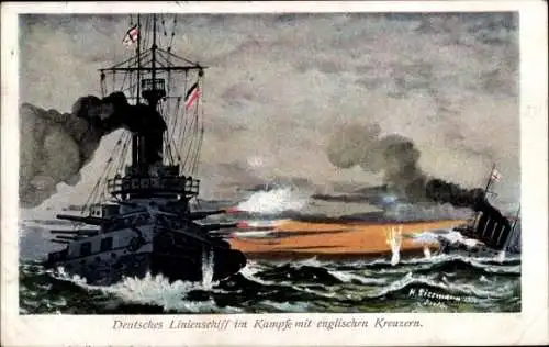 Künstler Ak Deutsches Kriegsschiff, Linienschiff im Kampf mit englischen Kreuzern, I. WK