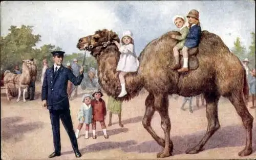 Künstler Ak Zoologischer Garten London, Kamel, reitende Kinder, Lama