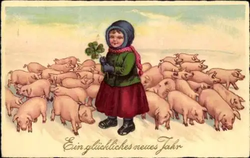 Ak Glückwunsch Neujahr, Kleeblatt, Mädchen, Schweine