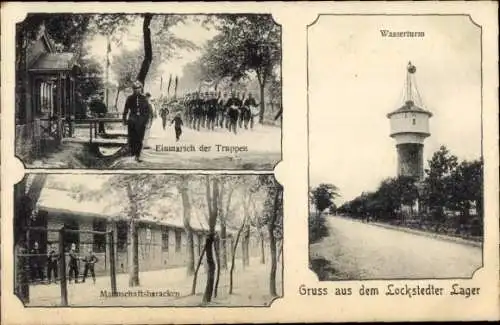 Ak Lockstedt in Holstein, Lockstedter Lager, Wasserturm, Mannschaftsbaracken, Einmarsch der Truppen