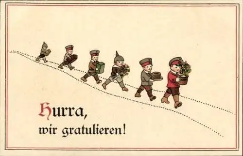 Ak Glückwunsch, Kinder in Uniformen, Geschenke, Kuchen, Blumen
