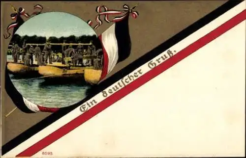 Präge Litho Ein deutscher Gruß, Pioniere errichten eine Schiffbrücke, Bruno Bürger 8595