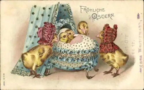 Präge Litho Glückwunsch Ostern, Küken, Babybett