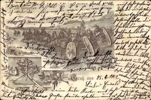 Litho Deutsche Armee im Vorgehen, Geschützwagen, bespannte Artillerie