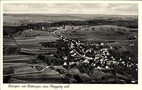 Ak Auingen Münsingen, Fliegeraufnahme, Löttingen, Wohnsiedlung, Felder