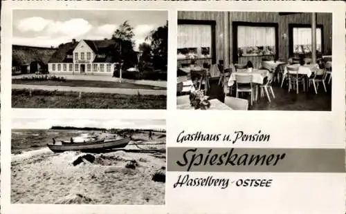 Ak Hasselberg an der Ostsee, Gasthaus Spieskammer, Außenansicht, Gastraum, Strand, Boot