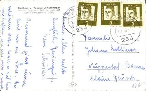 Ak Hasselberg an der Ostsee, Gasthaus Spieskammer, Außenansicht, Gastraum, Strand, Boot