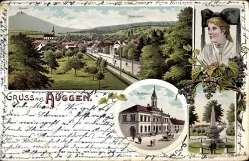 Litho Auggen in Baden, Gesamtansicht, Frau in Tracht, Rathaus, Kriegerdenkmal