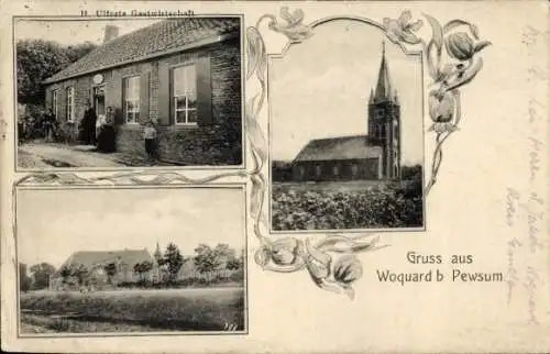 Ak Woquard Pewsum Krummhörn in Ostfriesland, Kirche, Gastwirtschaft