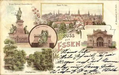 Litho Essen im Ruhrgebiet, Stadttheater, Krupp-Denkmal, Stadtgarten