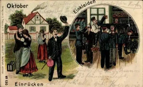 Litho Soldat nimmt von seiner Frau Abschied, Einrücken, Einkleiden, Soldatenleben, Kaiserreich
