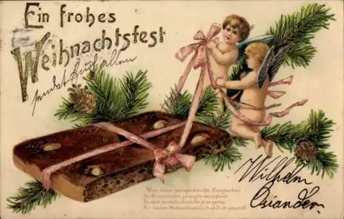 Präge Litho Glückwunsch Weihnachten, Engel, Lebkuchen, Tannenzweige