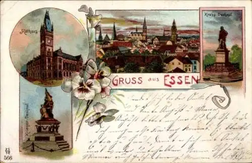 Litho Essen im Ruhrgebiet, Krupp-Denkmal, Rathaus