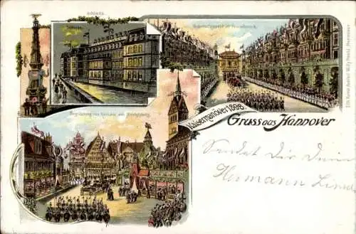 Litho Hannover, Schloss, Begrüßung des Kaisers, Bahnhofstraße im Festschmuck