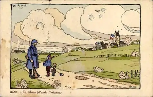 Künstler Ak Hansi, In Elsass, Soldat, Kinder, Haus, Französische Fahne