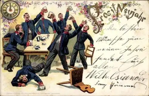 Litho Glückwunsch Neujahr, Feiernde Männer, Bier, Uhr