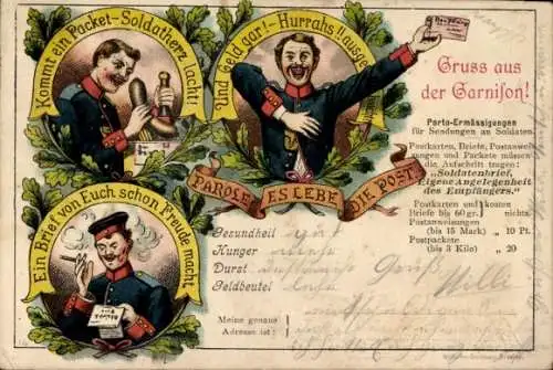 Litho Soldaten im Garnison, Post, Kommt ein Packet, Soldatherz lacht
